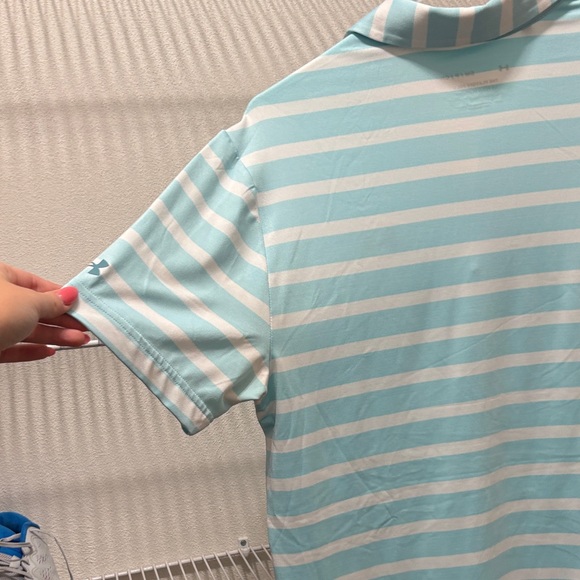 Under Armour Men's Aqua and White Striped Polo - grey logo - Picture 6 of 8